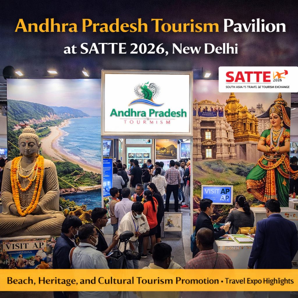 Andhra Pradesh Tourism Pavilion at SATTE 2026 in New Delhi showcasing cultural and beach tourism