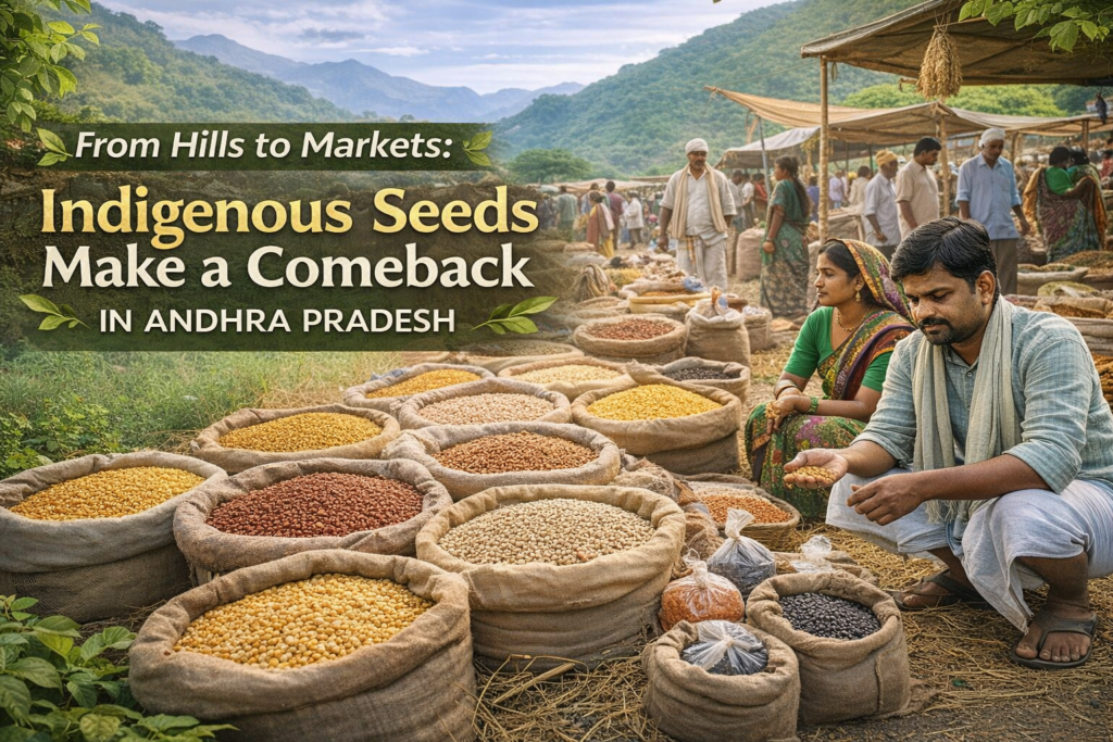 Alt Text: Indigenous seed varieties displayed at a seed bank in Andhra Pradesh