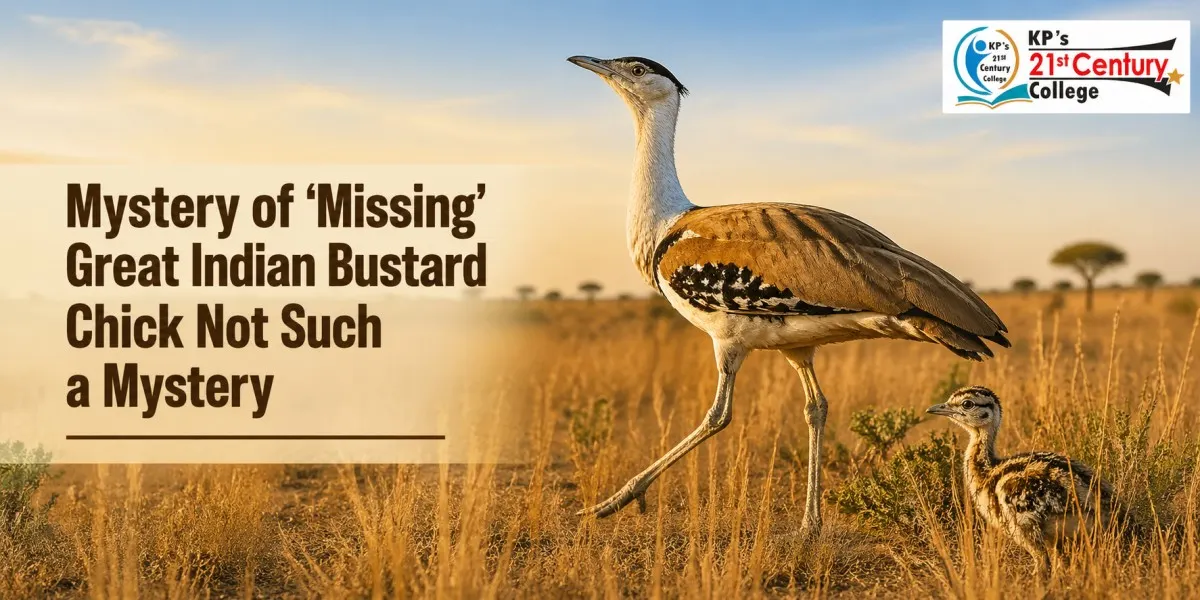 Great Indian Bustard and chick in Rajasthan grassland — UPSC environment current affairs on GIB conservation 2025