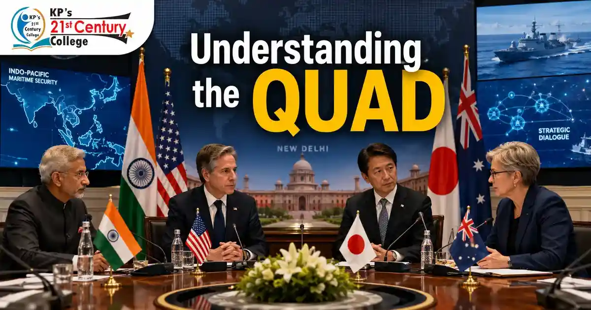 Quad foreign ministers meeting in Delhi with flags of India USA Japan Australia