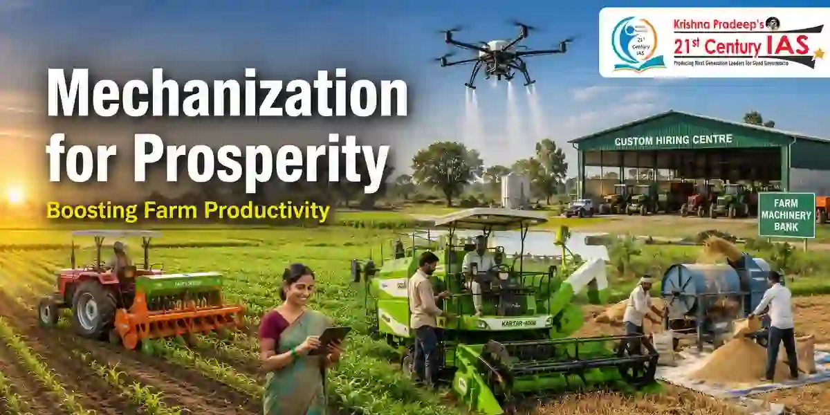 Sub-Mission on Agricultural Mechanization improving farm productivity through modern machinery and drones.