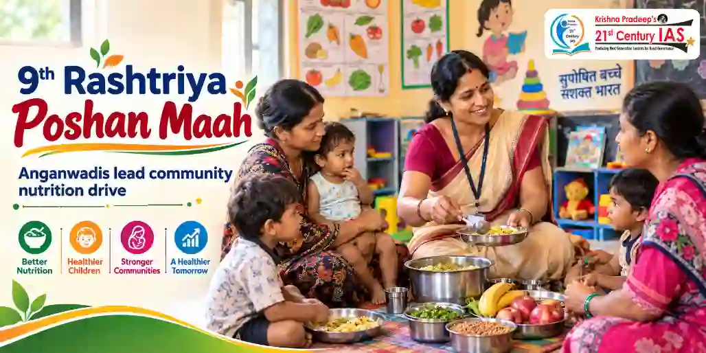 Rashtriya Poshan Maah 2026 visual showing Anganwadi nutrition, maternal care and early childhood development