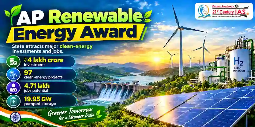 AP Renewable Energy Award 2026 highlighting Andhra Pradesh's achievements in solar, wind and green hydrogen investment mobilisation.